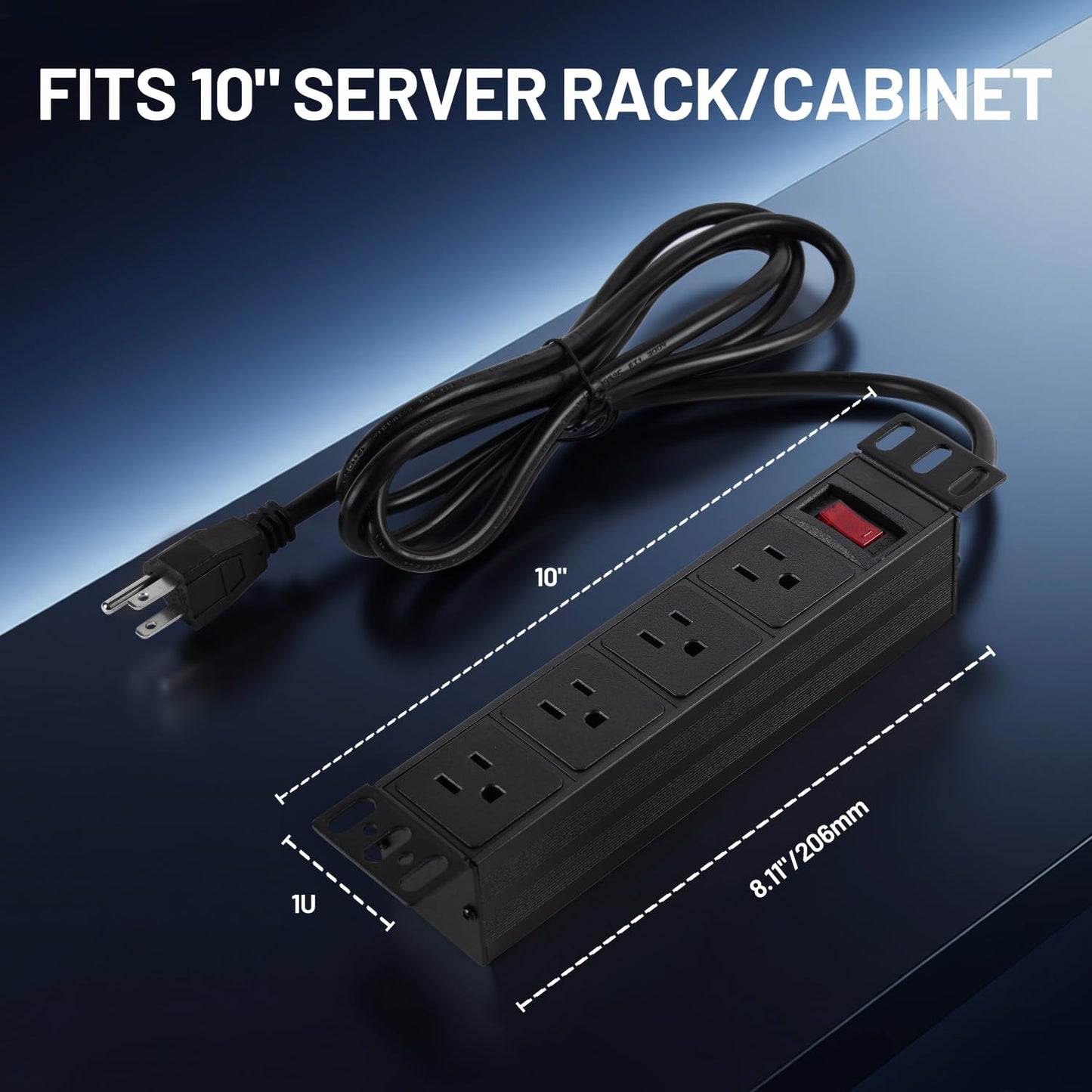 NodeQore 10 inch Rack PDU, 4 Rear Outlets, 1020J Surge Protection &15A Overload Switch, 1U RackMount, Rack Mount Power Strips for 10'' Mini Server