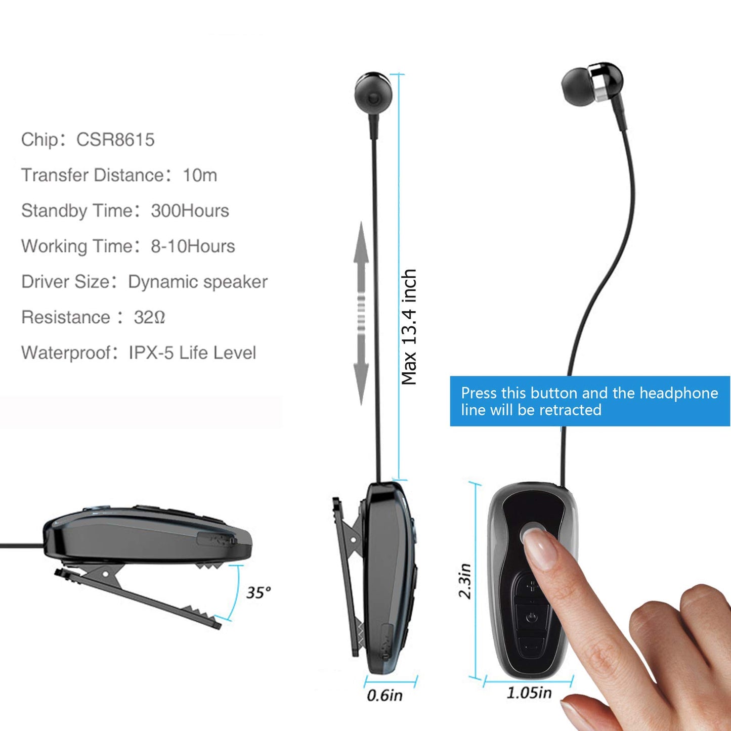 Retractable Wireless Headphone Headset Stereo Earphone lightweight V5.0 Noise Cancelling Mic Clip on Earpiece workout Sports running Business Trucker