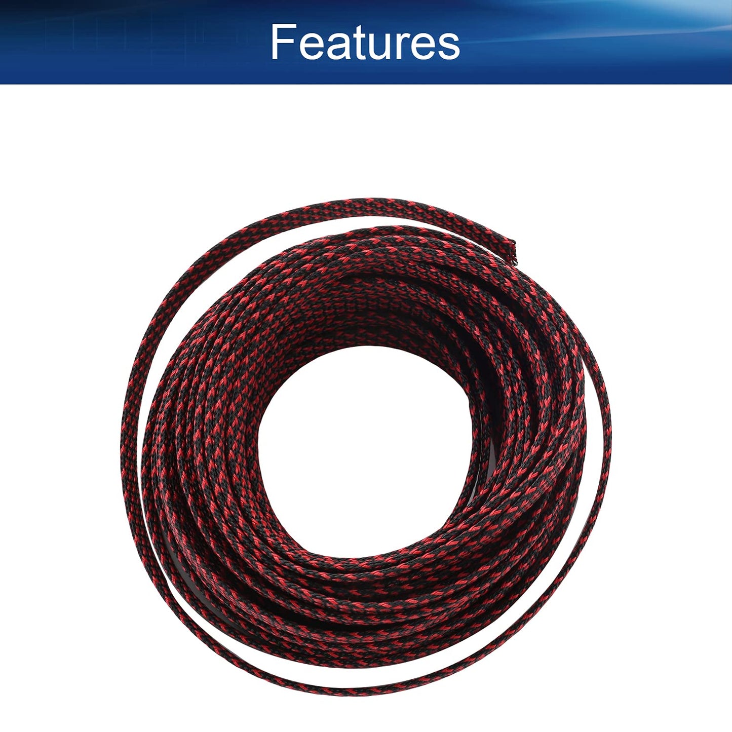 Bettomshin 1Pc 32.8Ft(10m) Cable Management Sleeve, 3/8"(10mm) Width PET Black & Red Cord Protector, Wire Loom Tube Insulated Split Sleeving for USB