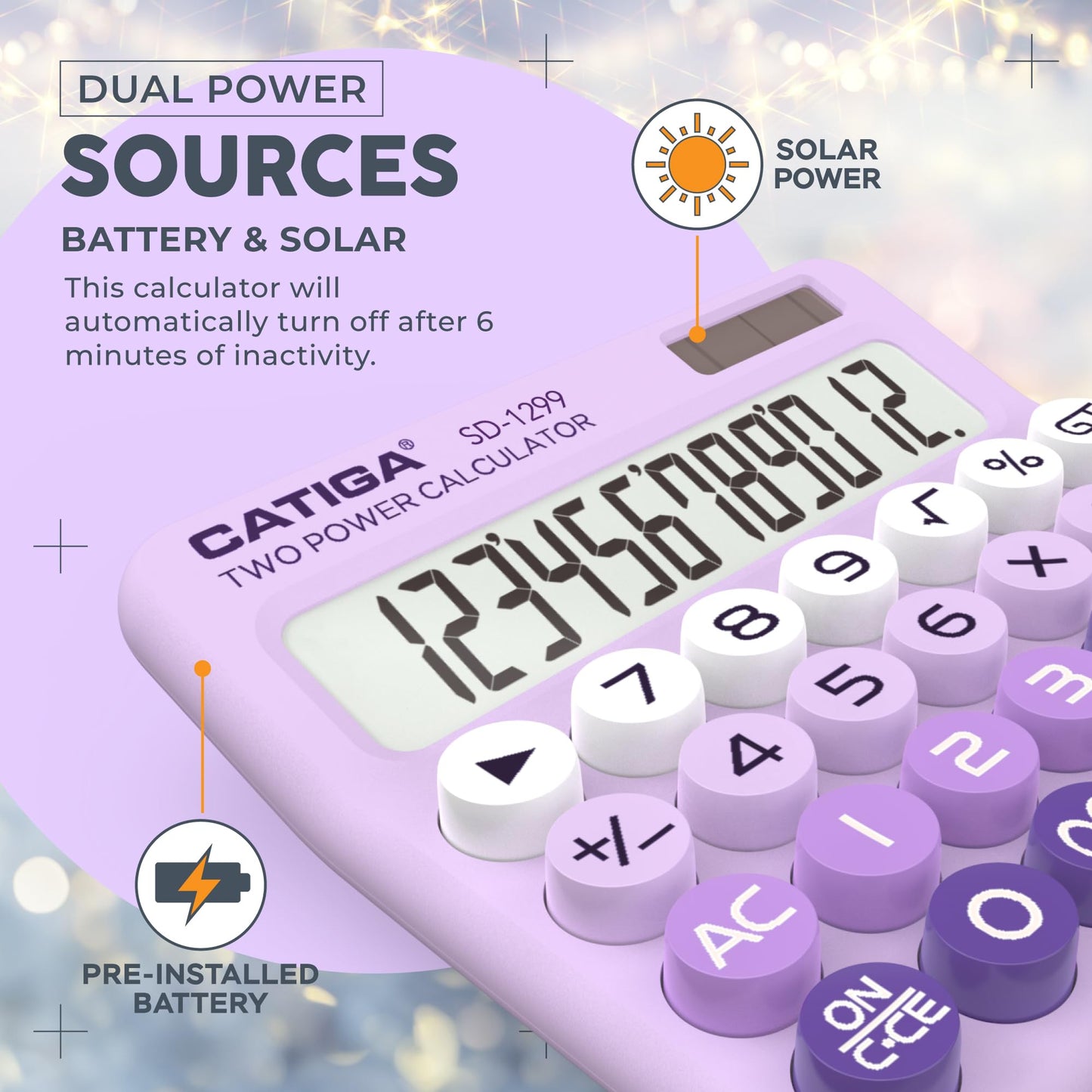 CATIGA Mechanical Switch Calculator with Solar and Battery Dual Power, 12-Digit Large LCD Display, Aesthetic and Cute Desktop Calculator with Big