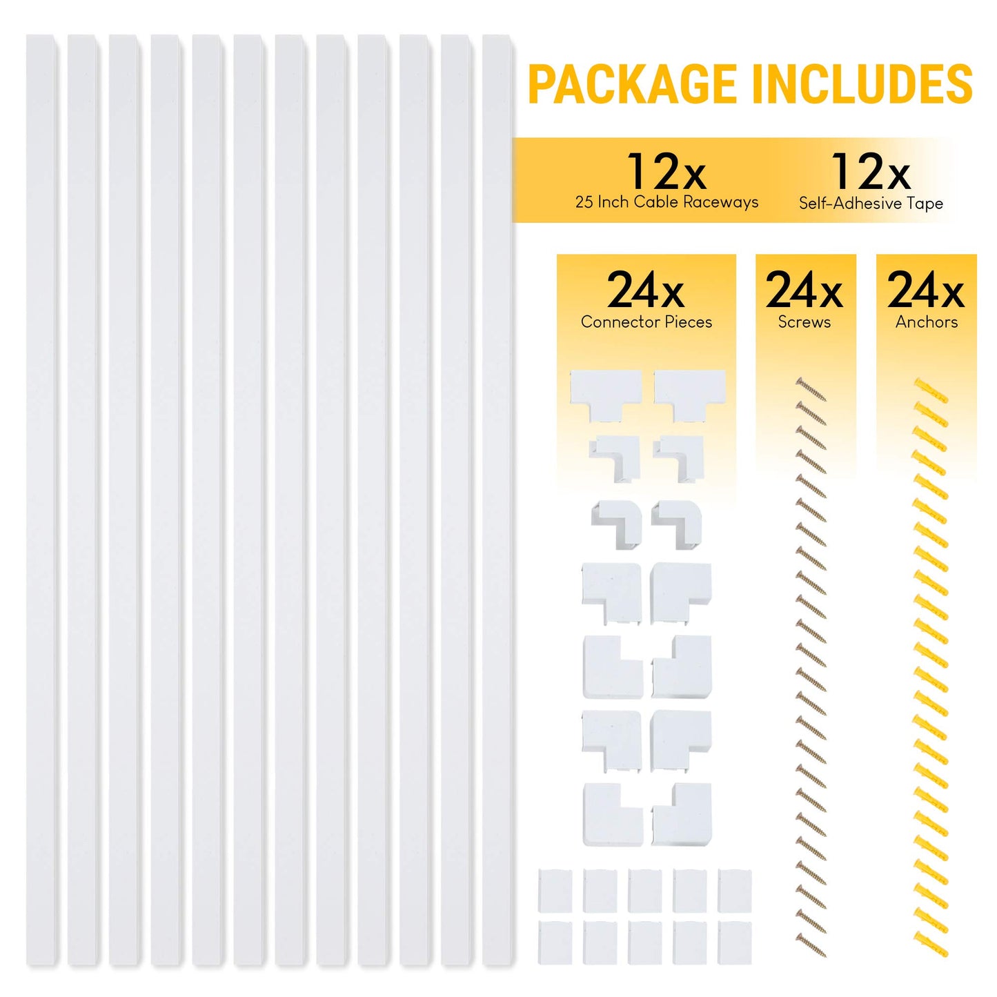 Set of Twelve 25-inch Cord Covers - 300-inch Total On-Wall Cable Management Kit for Wall-Mounted TV or Computer Cables by Simple Cord (White)