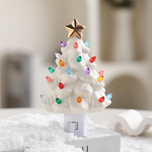 B SEPOR Nostalgic 6.5" Ceramic Christmas Tree That Light Up Wall Mounted Type Plug-in Night Light Mini Decorative Lamp