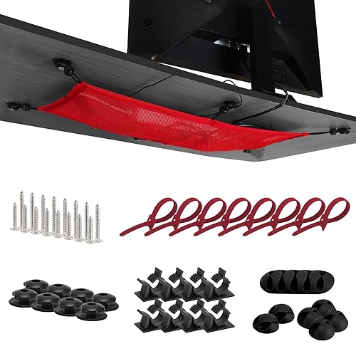 WurdeWindig Under Desk Cable Management Net Organizer - Heavy Duty Adjustable Mesh Cord Storage with Straps, Space-Saving Cable Tray for Home Office