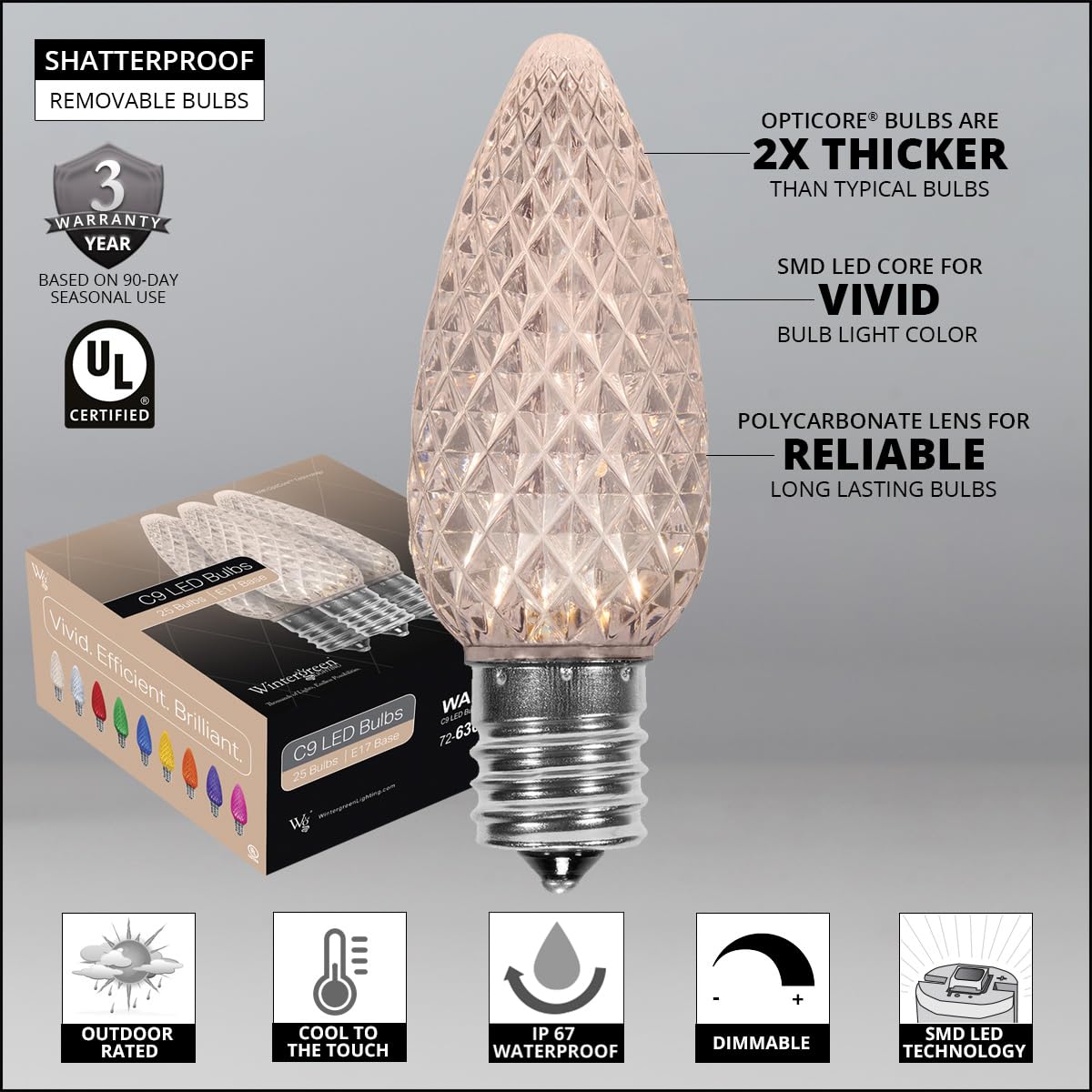 Wintergreen Lighting 25 Pack OptiCore LED C9 Warm White Christmas Light Bulbs - White Bulbs C9 LED Christmas Lights Heavy Duty Shatterproof E17