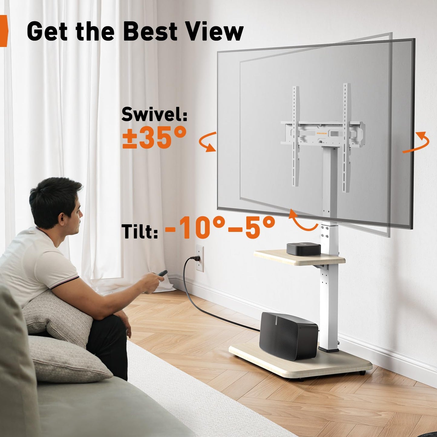 Perlegear Floor TV Stand with Power Outlet, Universal TV Stand for 32-75 inch TVs up to 110 lbs, Tall TV Mount for Bedroom with Shelf, Wood Base