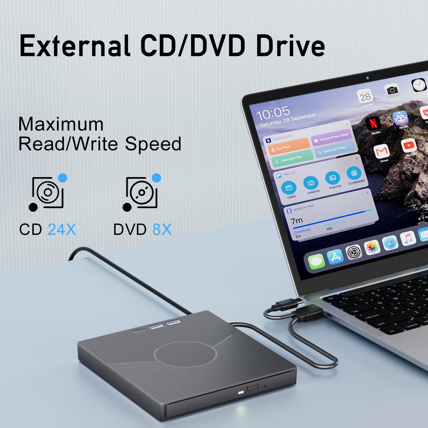 7 In 1 External CD Drive for Laptop, USB 3.0 & Type-C CD Rom External Drive for Laptop with Ethernet Interface, 3 USB and SD/TF Card, USB DVD Drive
