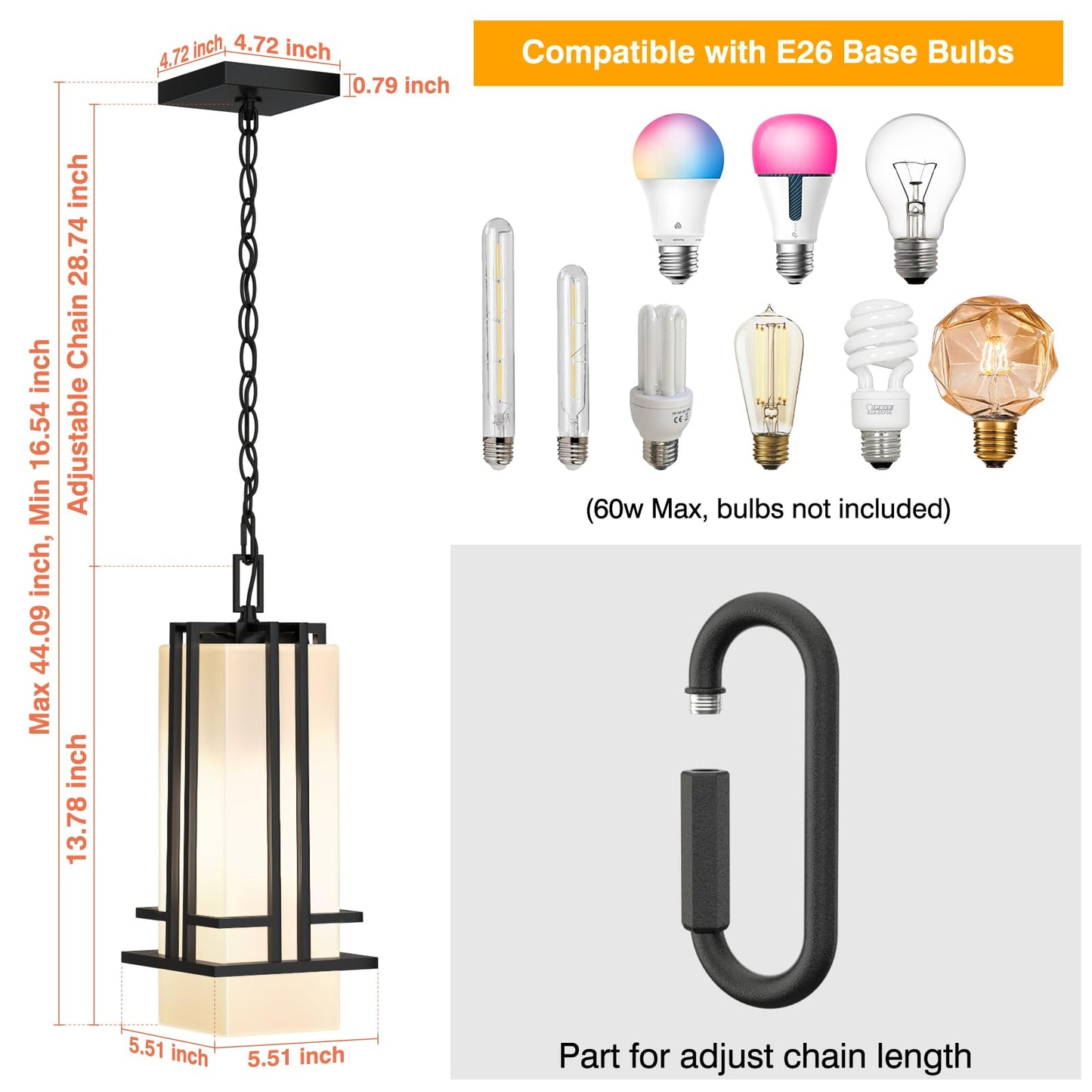 Yoenecea Outdoor Pendant Light Fixture - Aluminum Exterior Hanging Lantern, Outdoor Hanging Light with Black Adjustable Chain Outdoor Pendant Lights