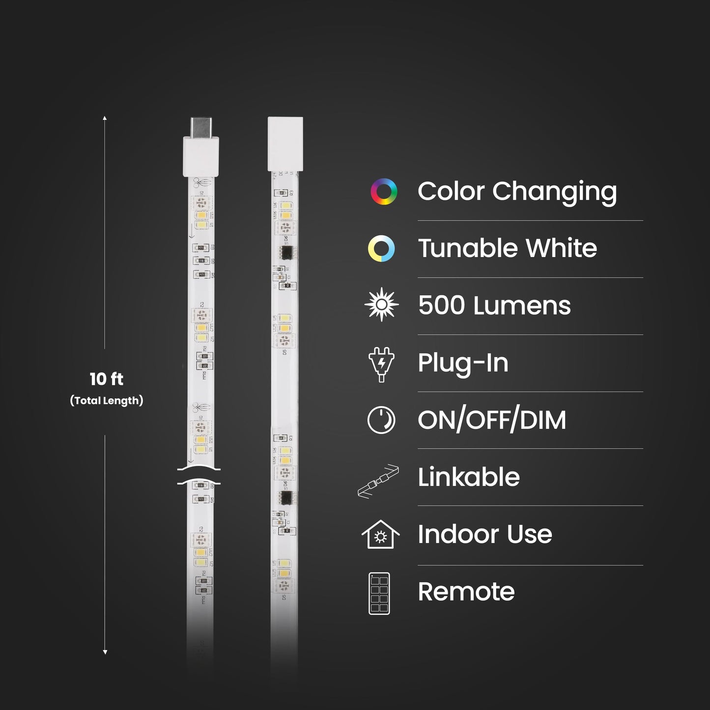 Feit Electric 10FT Smart Chasing LED Strip Light, RGB Color-Changing + Tunable White, Wi-Fi App & Remote Control, Alexa & Google Home, Linkable