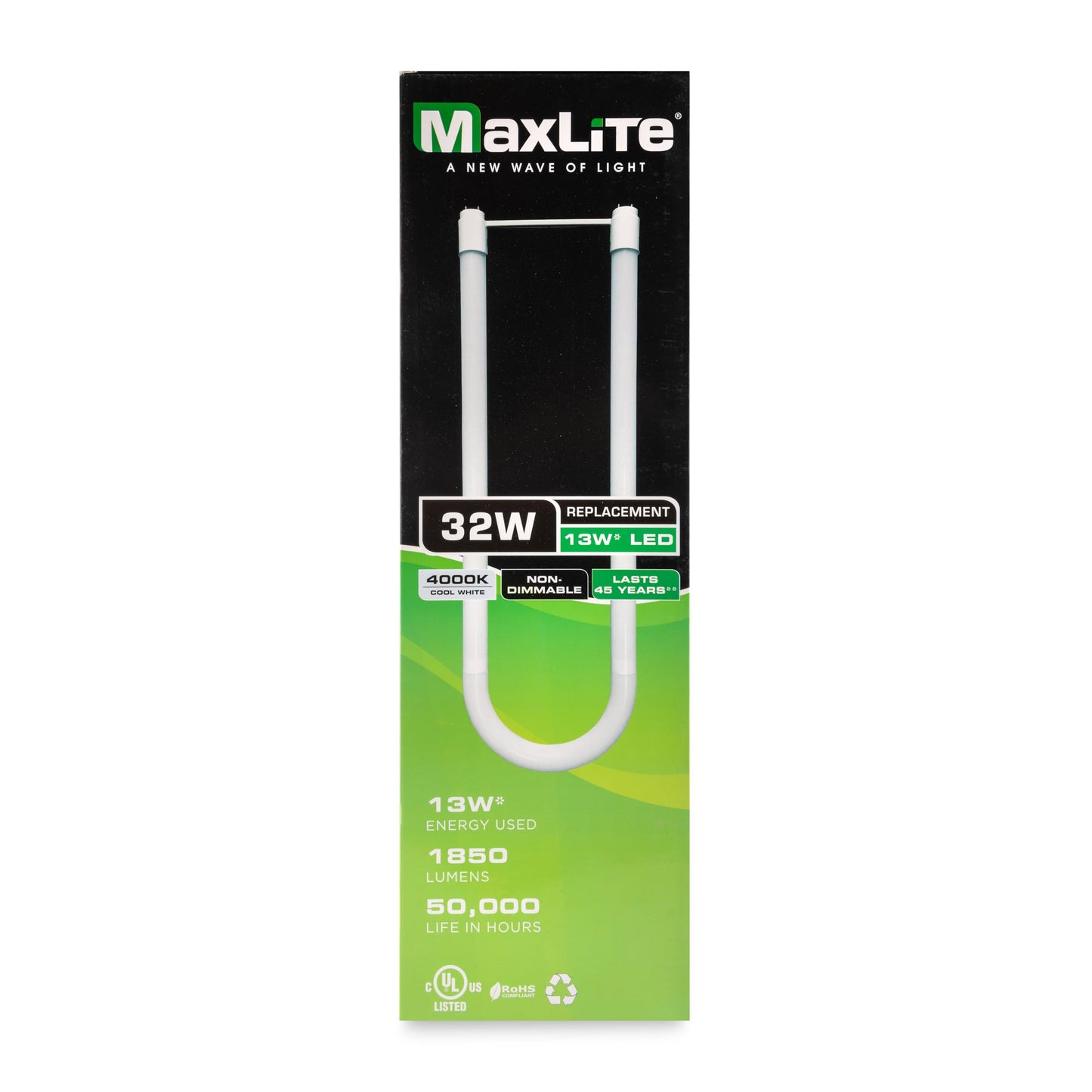 MaxLite U13T8DF240 DirectFit LED T8 U-Bend Light Bulbs - 13W 1800lm, 2-Foot LED Light, Polycarbonate Lens, 320° Beam Angle, CRI 83, CCT 4000K