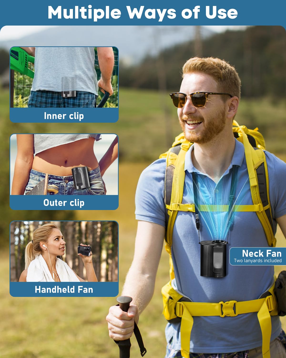 Girasol Portable Waist Fan, Personal Fan Rechargeable with 1-100 Speeds 13300RPM Strong Airflow, 4000Mah Hanging Neck, Wearable Belt for Camping