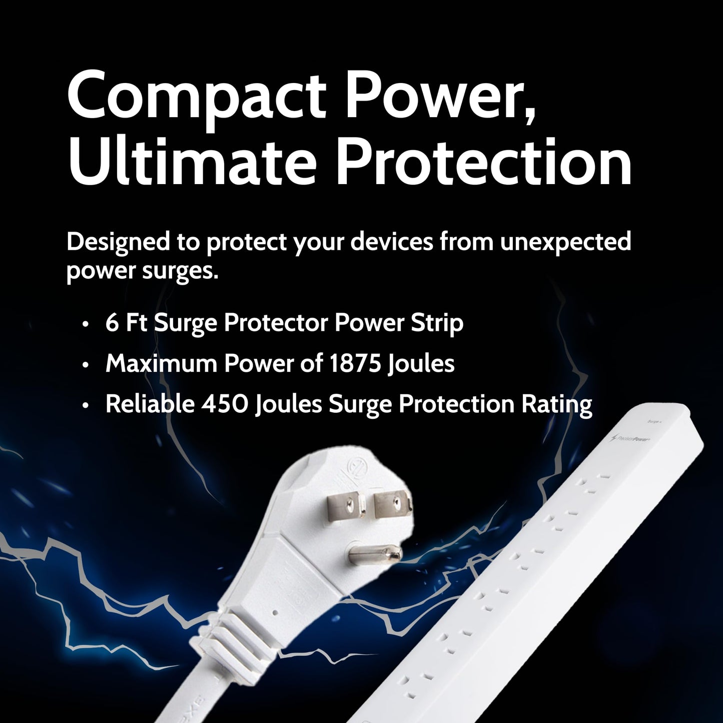 Precision Power Surge Protector Extension - Heavy Duty 6-Feet Cord with 6 Outlets, 3 USB Ports, Multi-Outlet Use w/LED Lights Indicator, Ideal