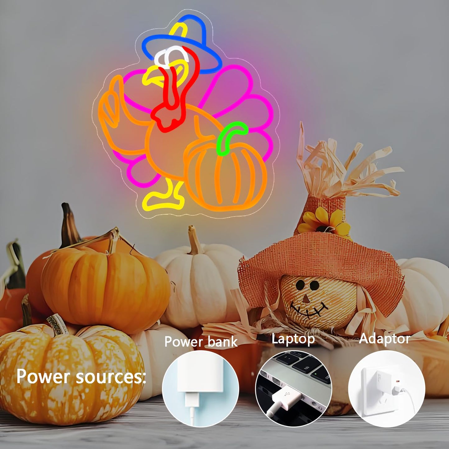 Pumpkin Turkey Neon Sign Dimmable Thanksgiving LED Neon Light Pumpkin Glowing Sign USB Powered Wall Hanging Decoration for Fall Neon Sign Thanksgiving