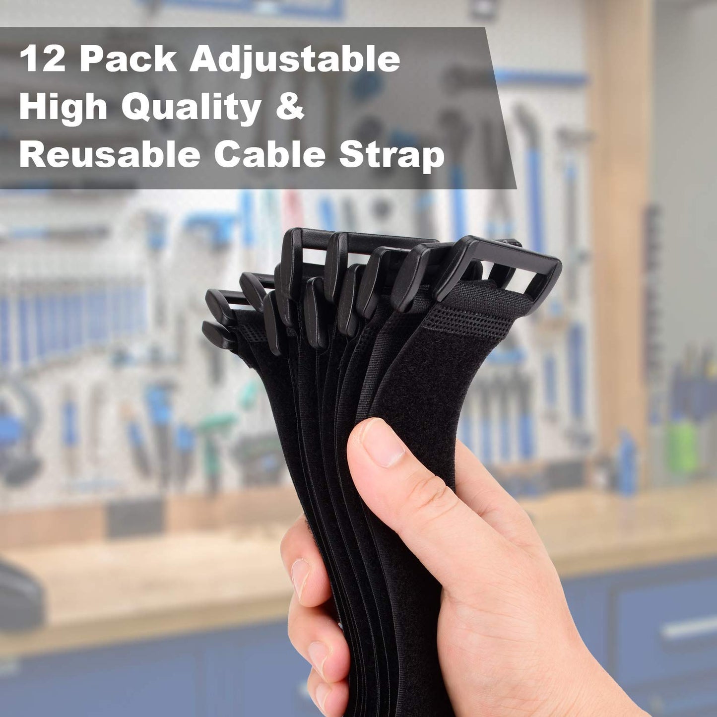 1.5 x 24 Inch Hook and Loop Cable Tie, 12 Pack Heavy Duty Adjustable Fastening Adhesive Cinch Strap with Plastic D-ring Buckle, Multi-Purpose Reusable