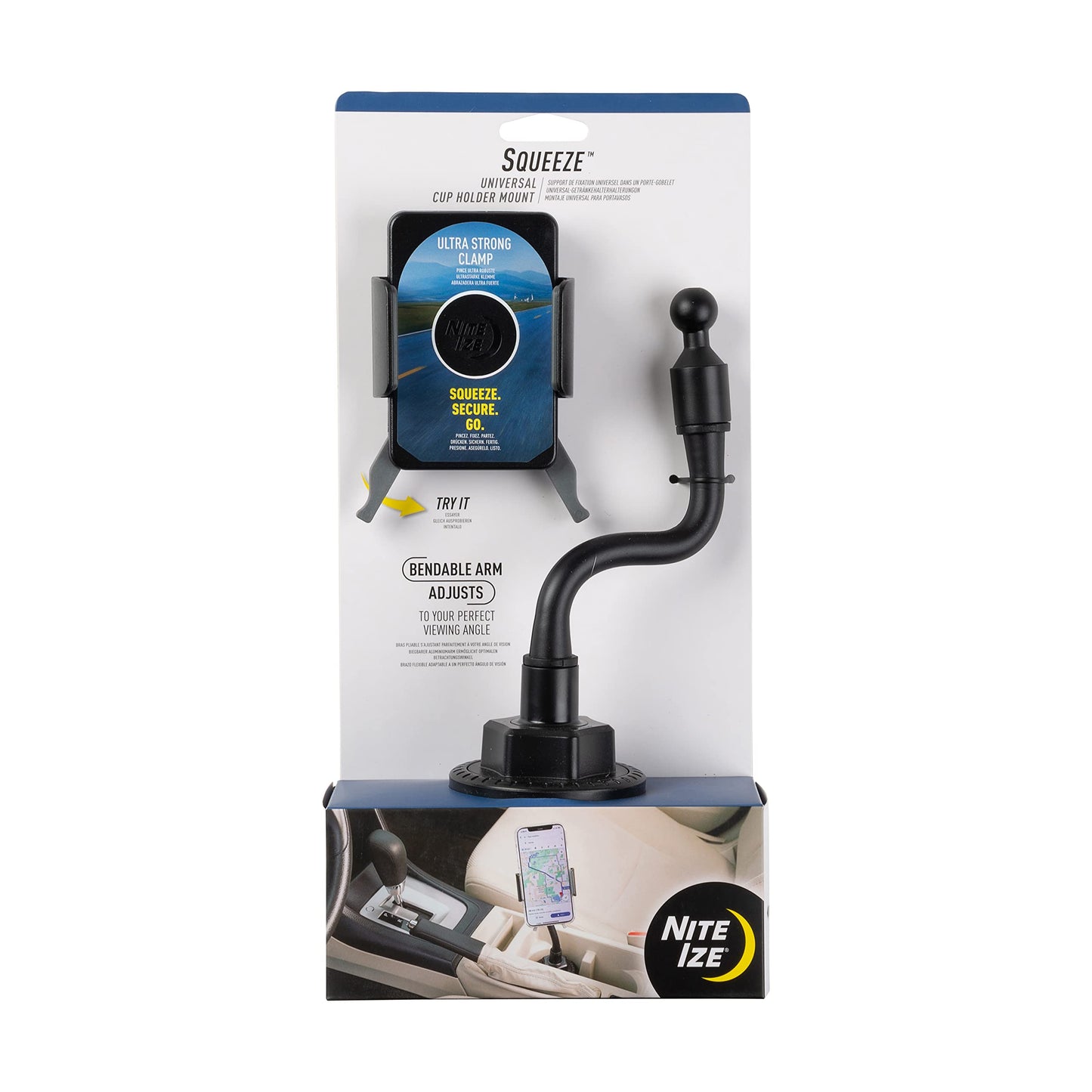 Nite IZE Squeeze Universal Cup Holder Mount - Universal Cell Phone Holder for Car Cup Holder - Sturdy Phone Accessories for Cars - Alternative to Car