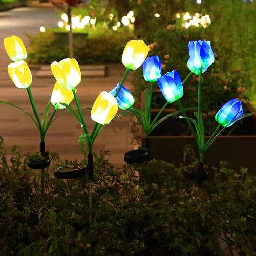 Aureate Horizon Garden 4 Pack LED Solar Flower Lights with More Realistic Tulips Flowers Solar Garden Lights Outdoor Waterproof for Yard Patio Lawn