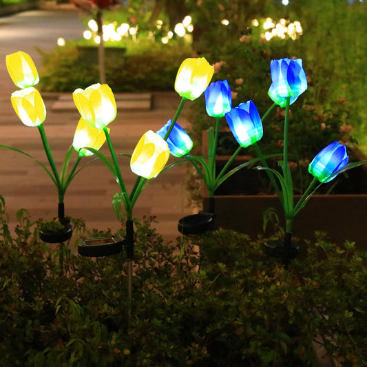 Aureate Horizon Garden 4 Pack LED Solar Flower Lights with More Realistic Tulips Flowers Solar Garden Lights Outdoor Waterproof for Yard Patio Lawn