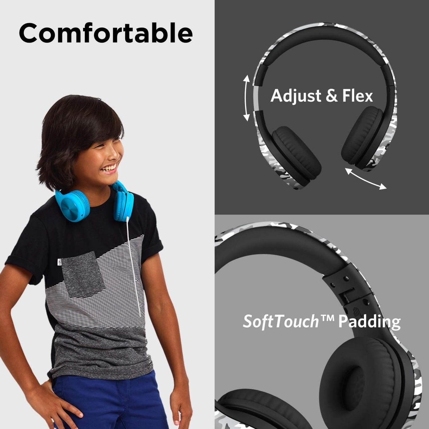 LilGadgets Connect+ Pro Wired Kids Headphones for School with Microphone, Volume Limiting Over-Ear Headset with Cord, SharePort Technology & SoftTouch