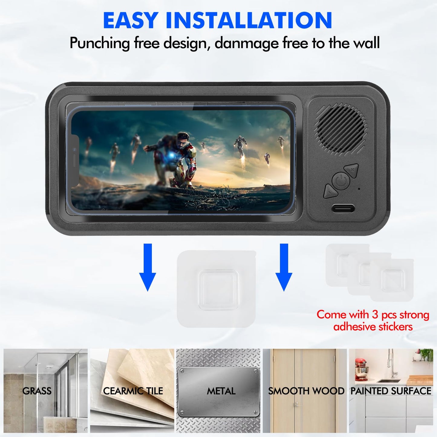 Wireless Bluetooth Speaker for Bathroom , Shower Phone Holder Speaker , Waterproof 360 Rotation Viewable Shower Phone Case Speakers for Bathroom Wall