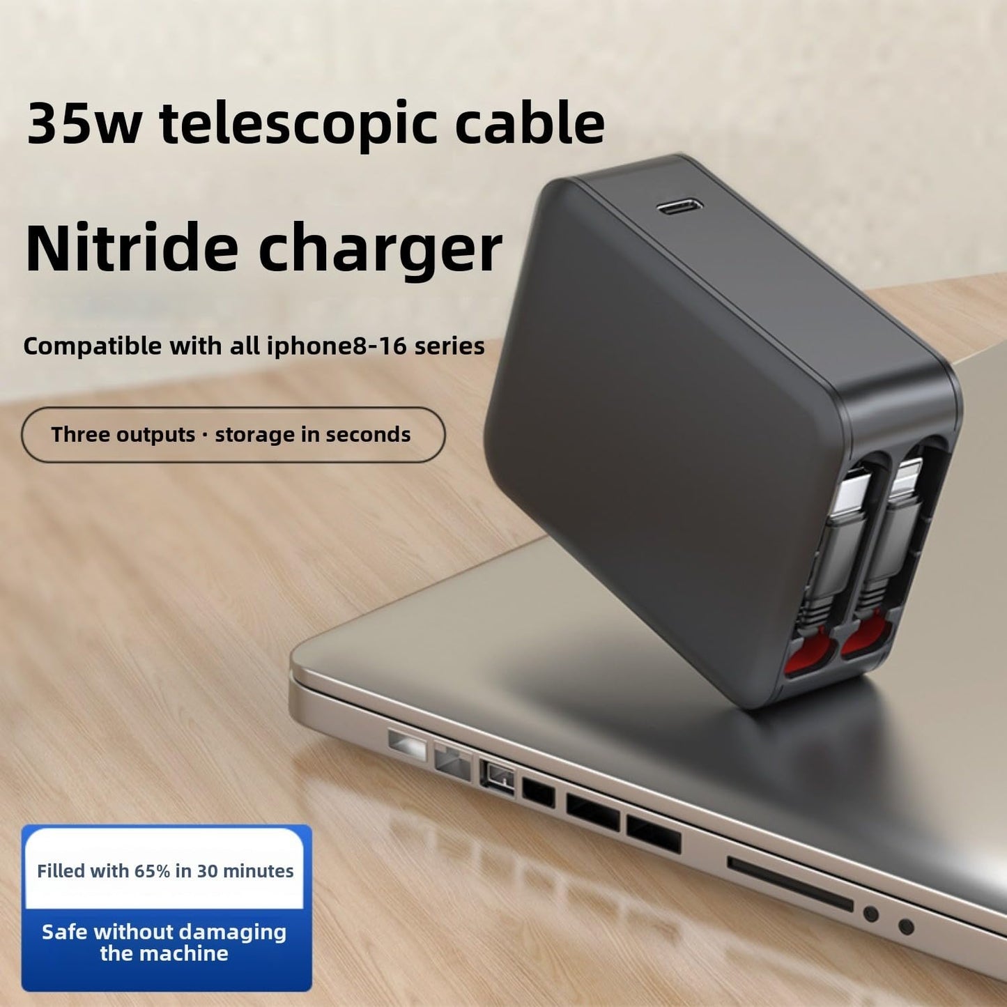 Wall Charger, GaN Fast Charging, Retractable Dual Cables, USBC Port, Folding Plug, Compact Travel Multi Charging Block for iPhone, Samsung, Tables