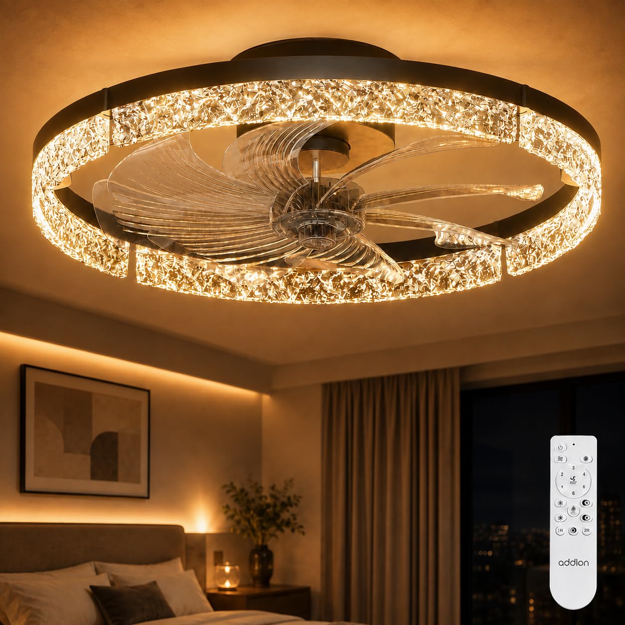 Garvee 20'' Ceiling Fan with Lights, Low Profile Crystal Flush Mount Fan