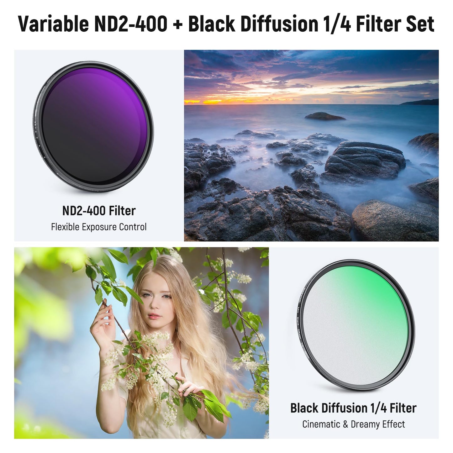 NEEWER 58mm Variable ND & Black Diffusion 1/4 Filter Set, 2 Pack Multicoated Optical Glass Neutral Density ND2-400 & Dreamy Soft Cinematic Effect