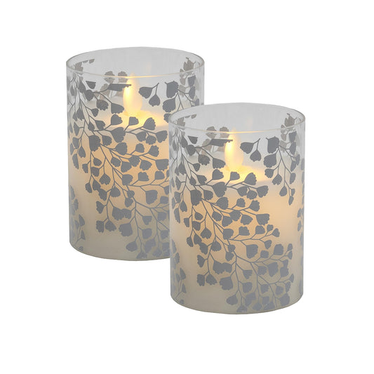 LumaBase Battery Operated LED Glass Candles with Flickering Flame, Silver Fern - Set of 2