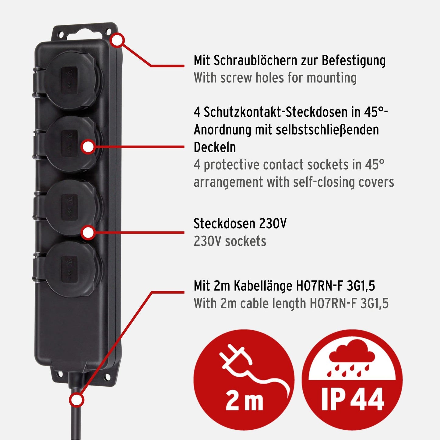 Brennenstuhl 1159960 Power Strip IP44 4 Sockets Black