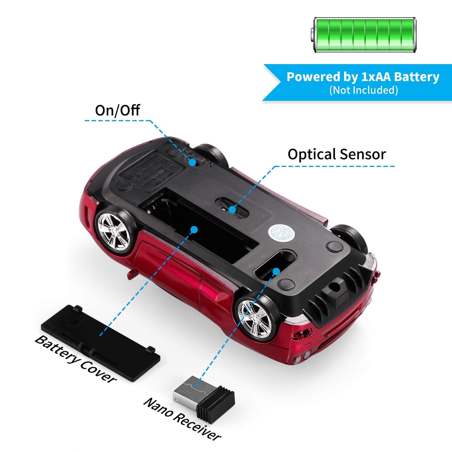 BKLNOG Sports Car Computer Mouse [Updated] with LED Headlights, 1600 DPI 2.4 GHz Wireless Mouse for PC & Mac, Red