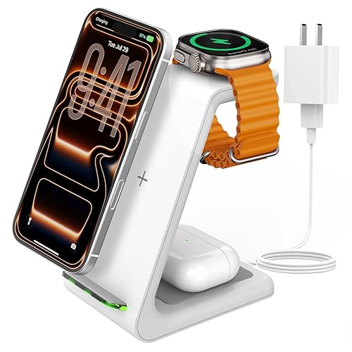 Charging Station for iPhone and Apple Watch: 3 in 1 Wireless Phone Charger Stand for iPhone 17 16 15 14 13 12 11 Pro Max & AirPods, Bedside Nightstand