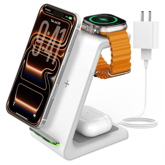 Charging Station for iPhone and Apple Watch: 3 in 1 Wireless Phone Charger Stand for iPhone 17 16 15 14 13 12 11 Pro Max & AirPods, Bedside Nightstand