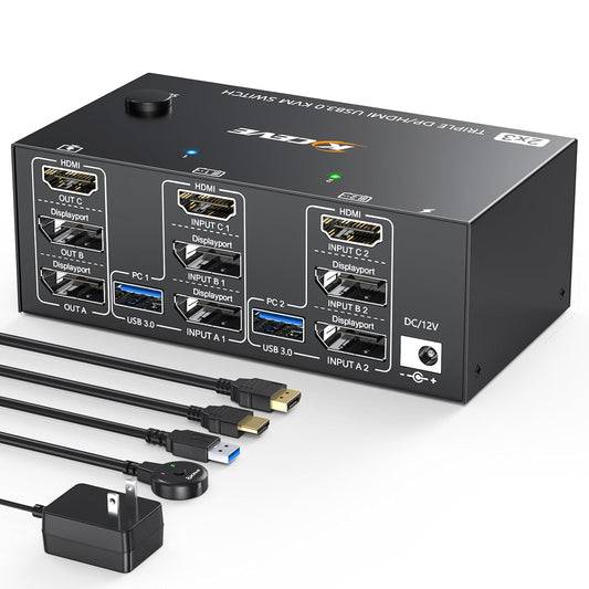 KVM Switch 3 Monitors 2 Computers, HDMI + DisplayPort KVM Switcher 8K@30Hz/4k@144Hz for 2 Computer Share 3 Display and 4 USB 3.0 Devices