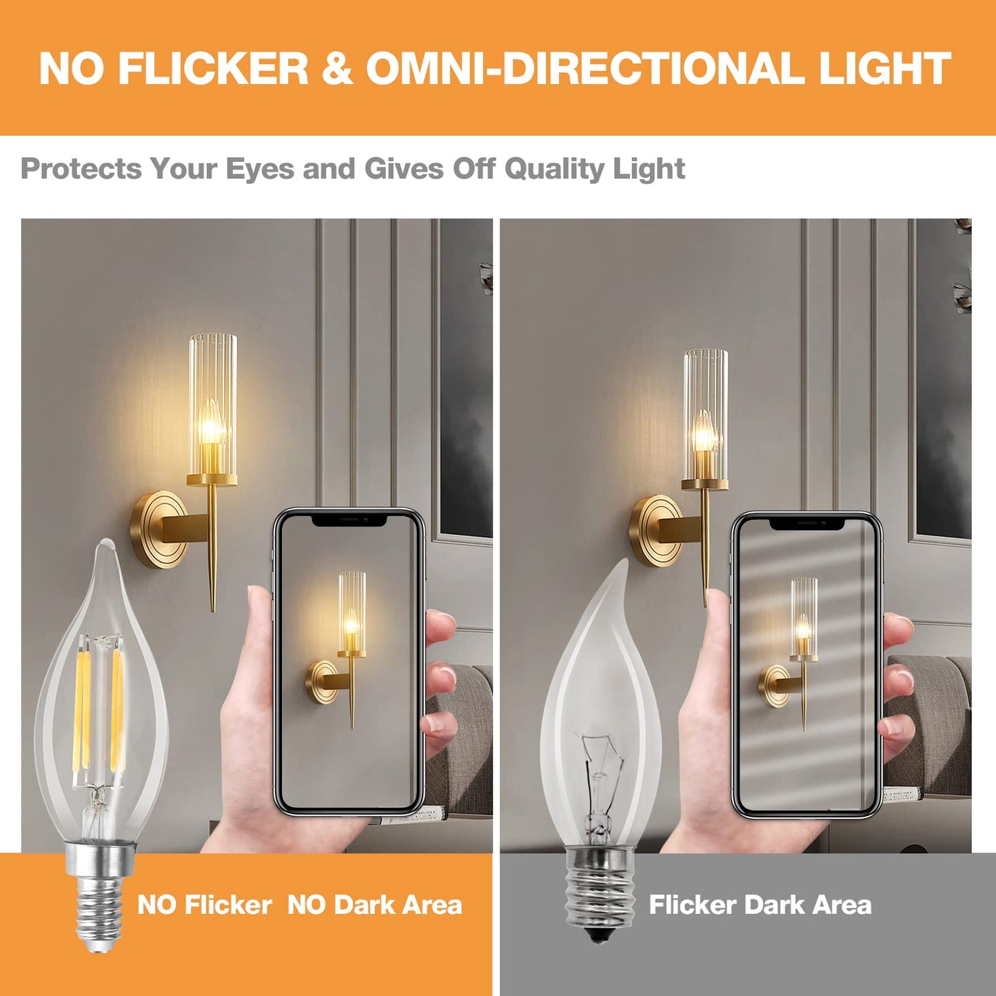 Talltreepho E12 Base 4 Watt LED Chandelier Light Bulb, 400lm, 2700K Daylight Filament LED Candle Light Bulb, 6 Pack, CRI 80+, ETL Listed