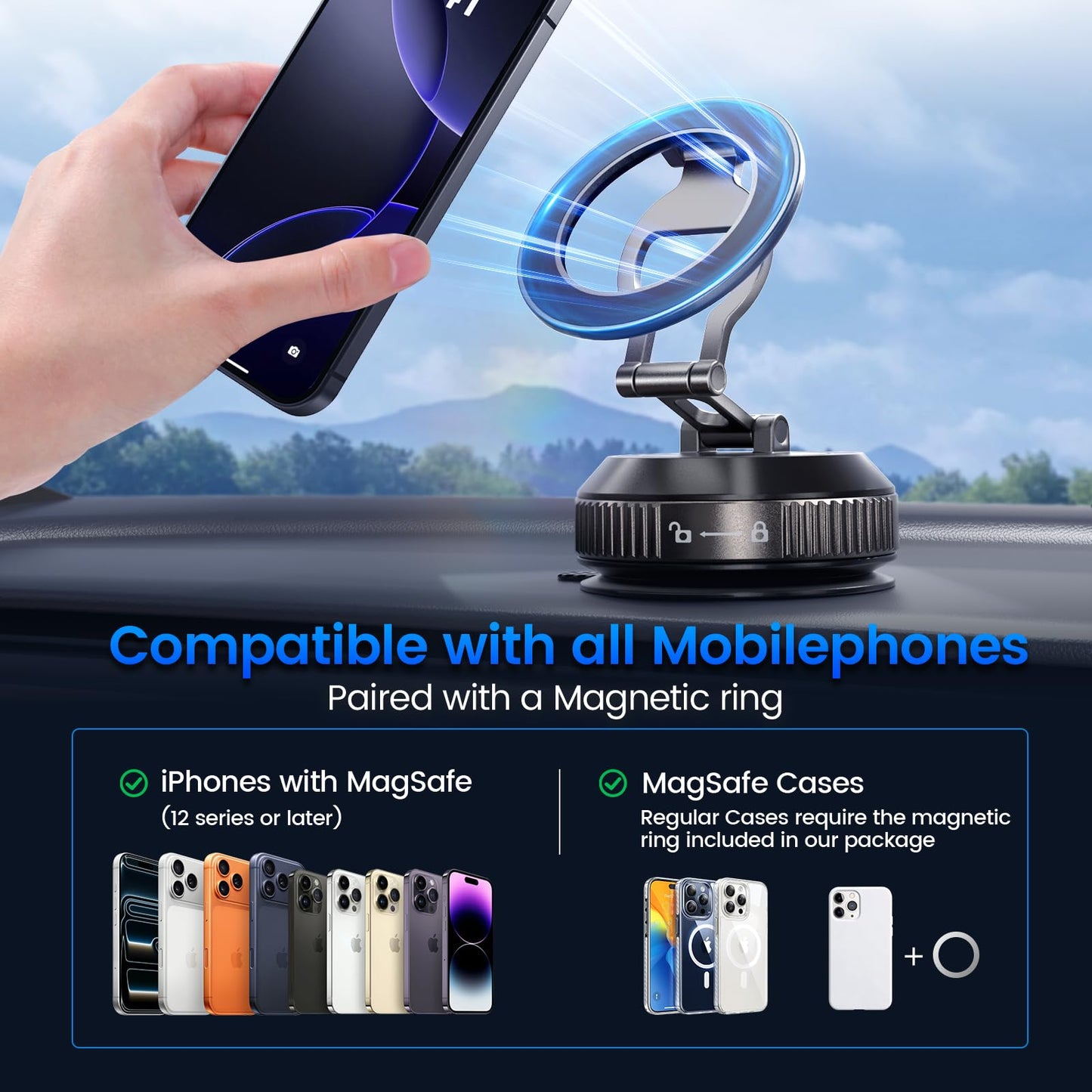 Tri-Folding Car Phone Holder for Magsafe[80+LBs Strongest Suction & 2850gf Strongest Magnetic], 360°Adjustable Phone Holders for Car, Suction Cup