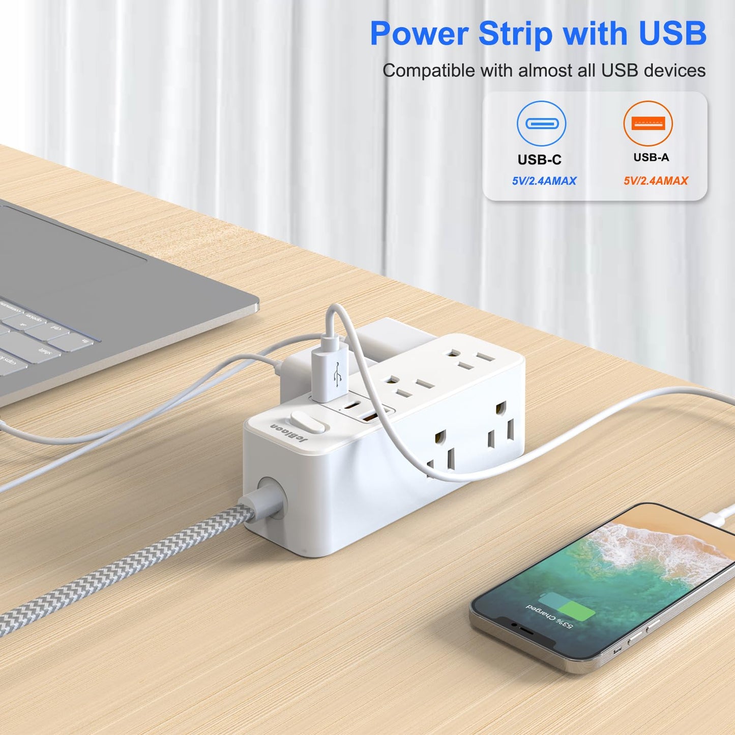 Extension Cord with Multiple outlets, 10 Ft Braided Power Cord, 6 Widely Outlets with 3 USB Ports (1 USB C), Ultra Thin Flat Plug, 3 Sided 1050J Power