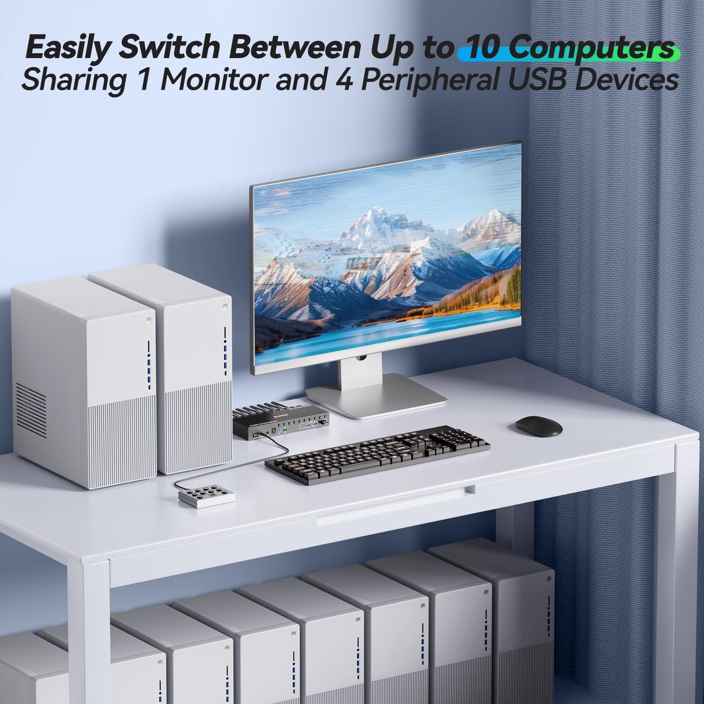 10 Ports HDMI KVM Switch 4K@60Hz EDID Simulation,USB 3.0 KVM Switch for 10 Computers Share 1 Monitor and 4 USB Devices, KVM Switches with Audio RS232