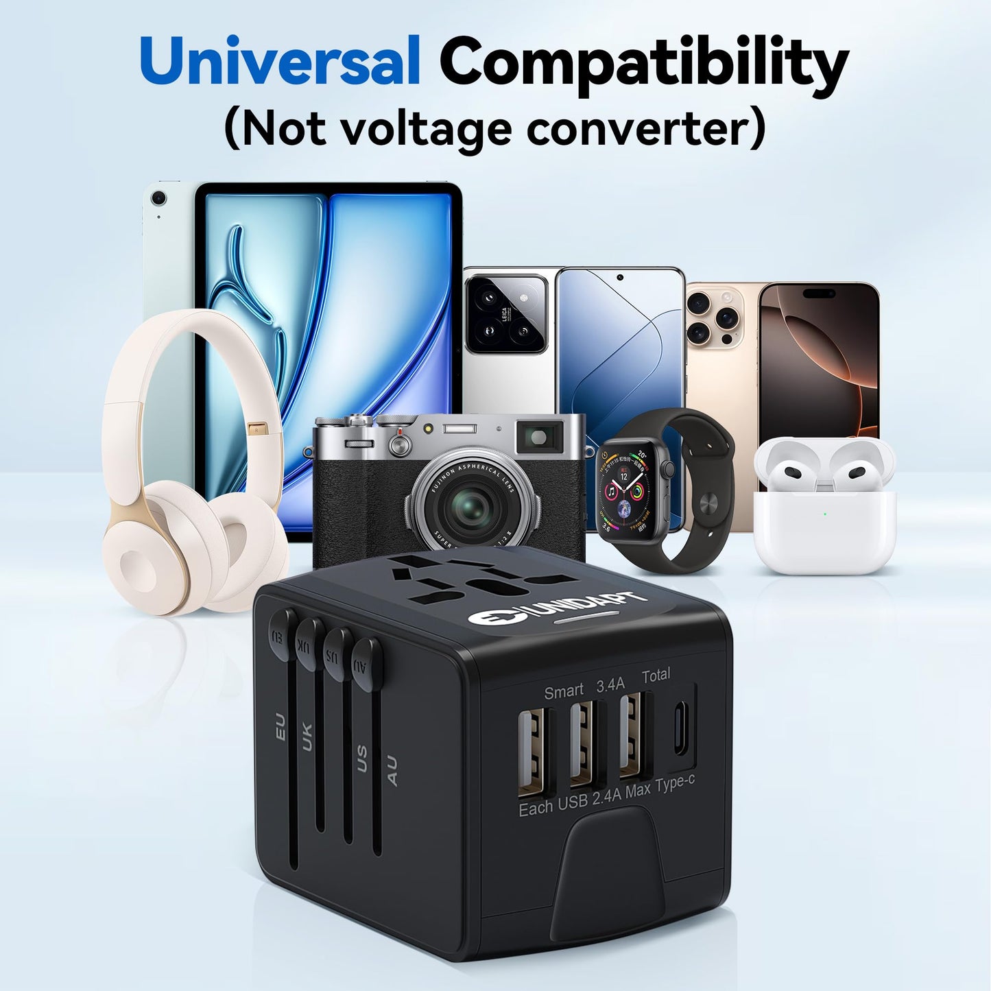Unidapt International Travel Adapter, Universal Power Adapter Worldwide with 3 USB-A, 1 Type-C - Perfect for Travel to Europe US, EU, UK, AU Over 160