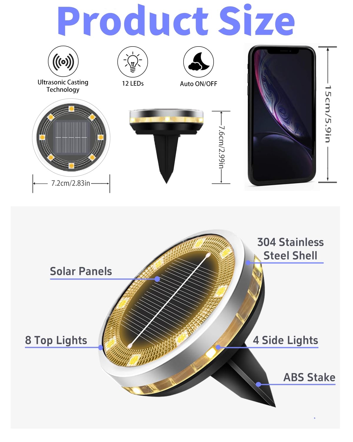 Solar Ground Lights Outdoor 12 Pack Waterproof, Upgraded Solar Garden Lights with 4 Side Light, Stainless Steel Solar Powered Disc Landscape Light