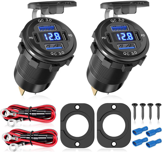 2Pcs 12V/24V Outlet with Voltmeter, Quick Charge 3.0 Dual USB Power Outlet, Waterproof Fast Charge USB Charger Socket DIY Kit for Car Boat Marine (2