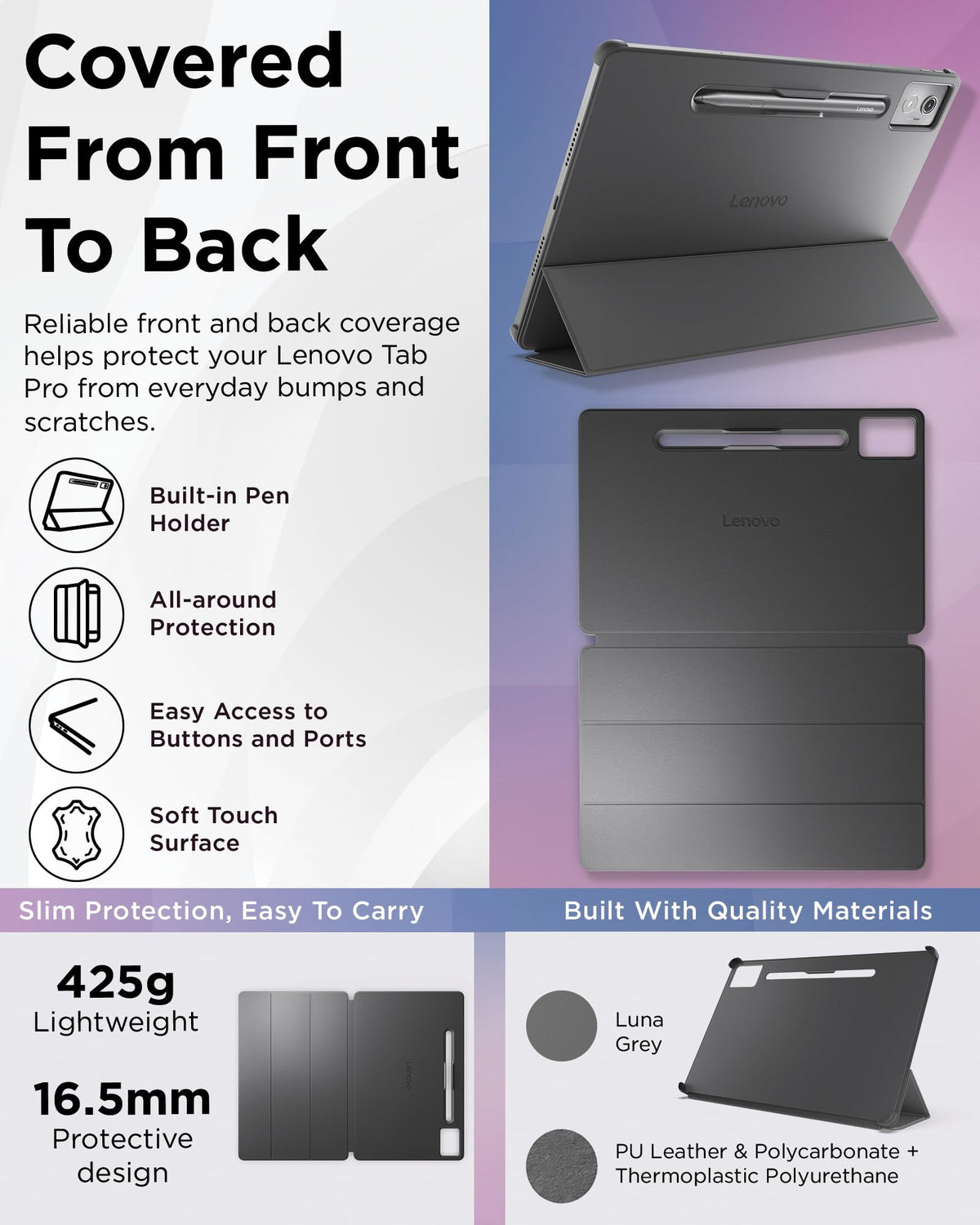 Lenovo Folio Case for Idea Tab Pro, Protective Tablet Cover with Built in Pen Holder, Sleep/Wake Function & Convertible Stand, PU Leather Case, Luna