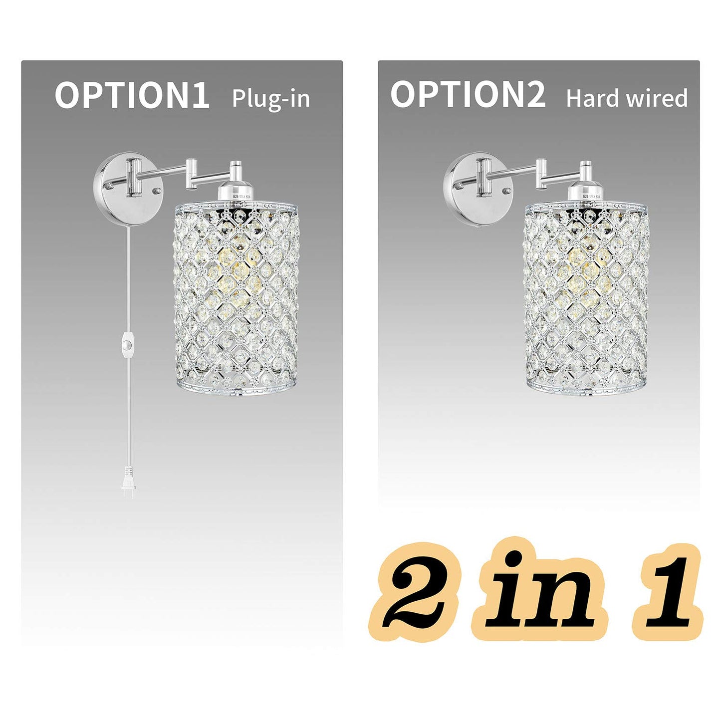 Merlight 1-Light Wall Lamp Modern Style Metal Round lampshade Decorative Dimmable Crystal E26 Base Wall Lights Industrial Swing Arm Wall Sconce
