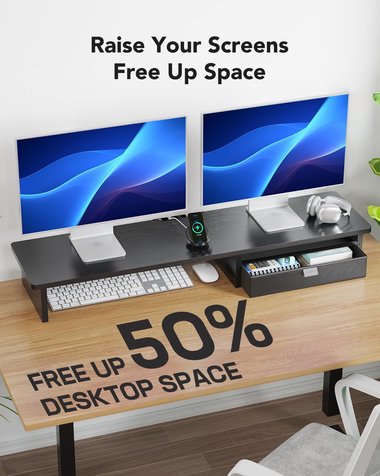 HUANUO Large Dual Monitor Stand with Drawer, Wood Monitor Stand Riser for 2 Monitors with Storage & Cable Management, Desktop Organizer up to 55" fit