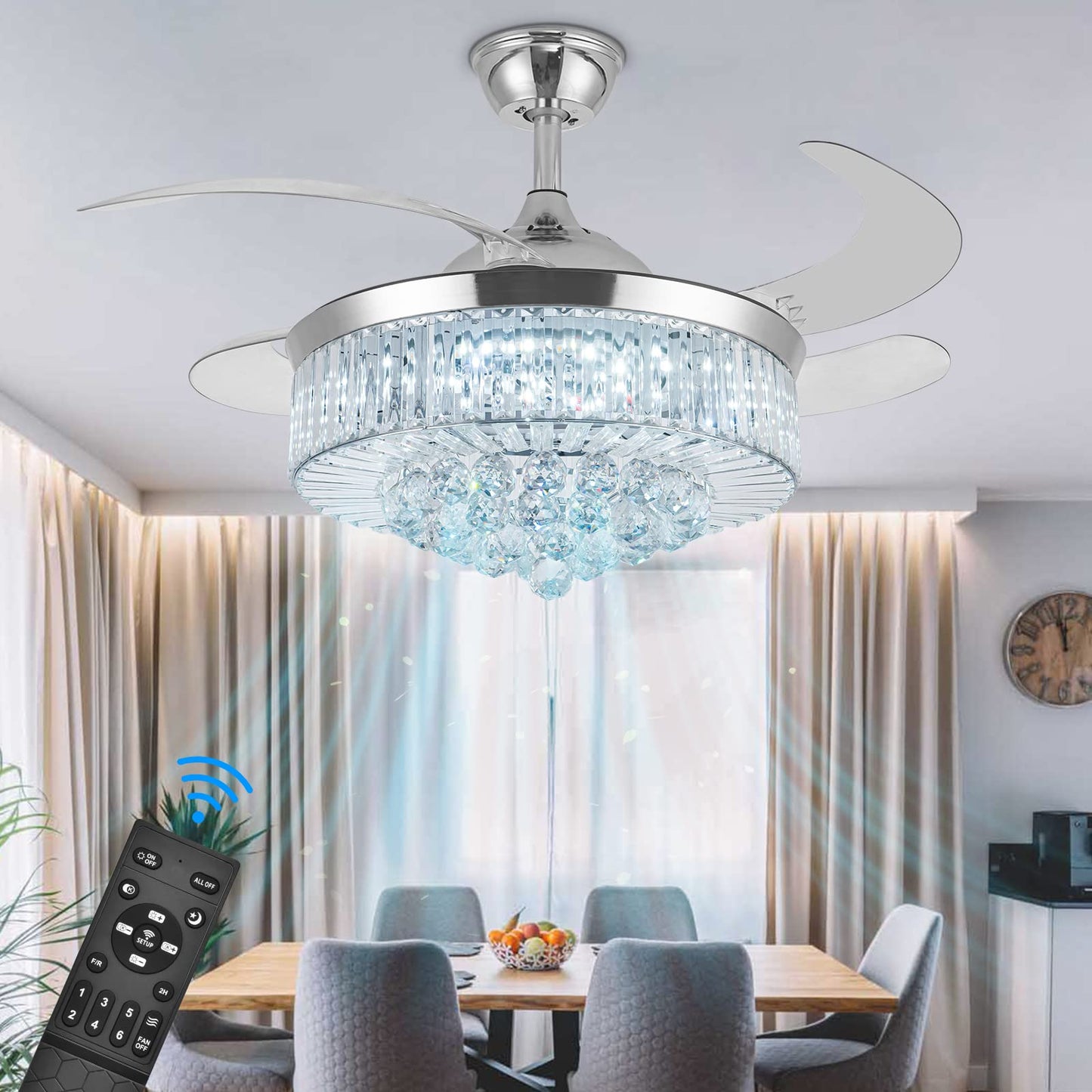 Bavnnro Crystal Ceiling Fans with Light,36” Retractable Chandelier Fan LED Dimmable Crystal Ceiling Fan Light Kits with Remote Control for Decorate