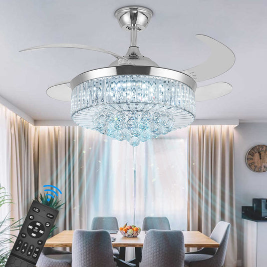 Bavnnro Crystal Ceiling Fans with Light,36” Retractable Chandelier Fan LED Dimmable Crystal Ceiling Fan Light Kits with Remote Control for Decorate