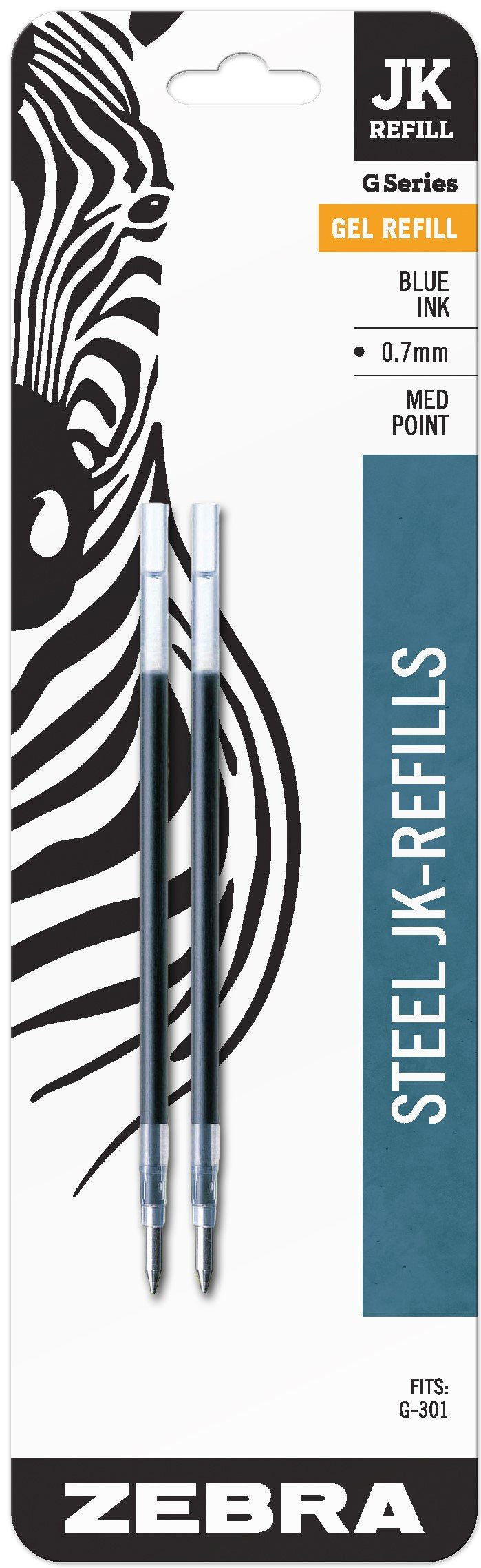 Zebra Pen G-301 Stainless Steel Pen JK-Refill, Med Point, 0.7mm, Blue Ink, 2-Count
