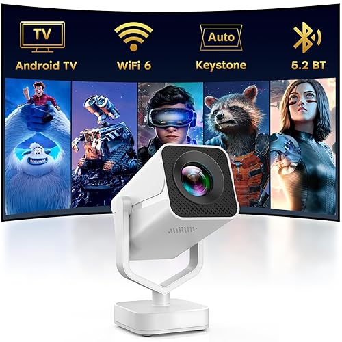 Mini Portable Projector with WiFi 6 and Bluetooth 5.2 Android, 1080P 4K Support with Apps Built in, 200 ANSI Lumens, Auto Keystone, 270° Rotatable
