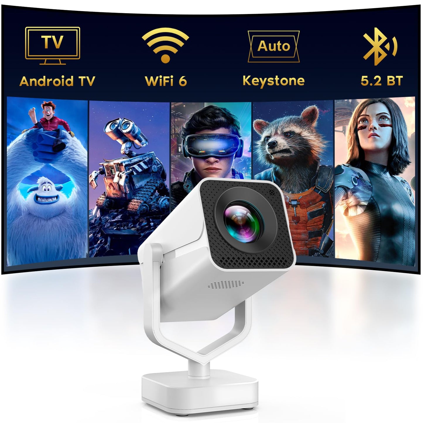 Mini Portable Projector with WiFi 6 and Bluetooth 5.2 Android, 1080P 4K Support with Apps Built in, 200 ANSI Lumens, Auto Keystone, 270° Rotatable
