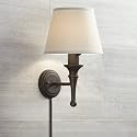Regency Hill Braidy Farmhouse Rustic Wall Lamp Bronze Metal Plug-in 7" Fixture Ivory Cotton Empire Shade for Bedroom Bedside Bathroom Vanity Living