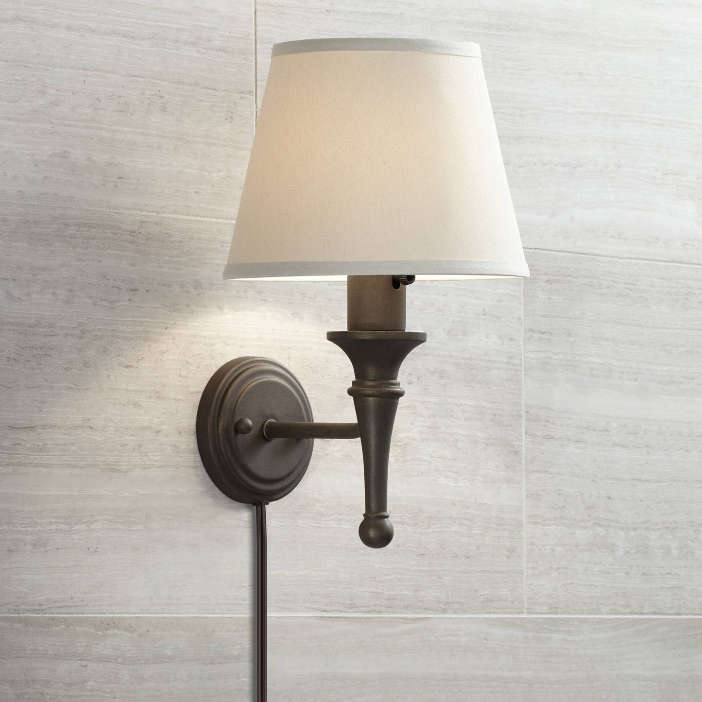 Regency Hill Braidy Farmhouse Rustic Wall Lamp Bronze Metal Plug-in 7" Fixture Ivory Cotton Empire Shade for Bedroom Bedside Bathroom Vanity Living