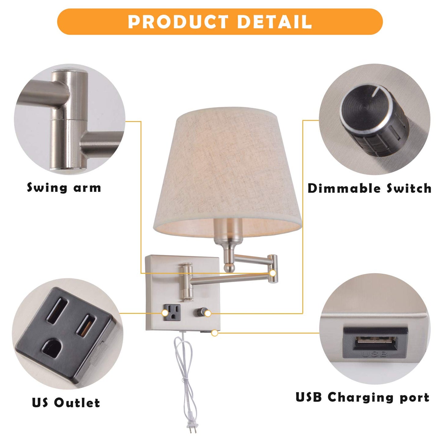 Bedside Wall Mount Light with Dimmable Switch and Outlet, Swing Arm Fabric Shade Wall Sconce Light with USB Port and Plug in Cord, Satin Nickel Wall
