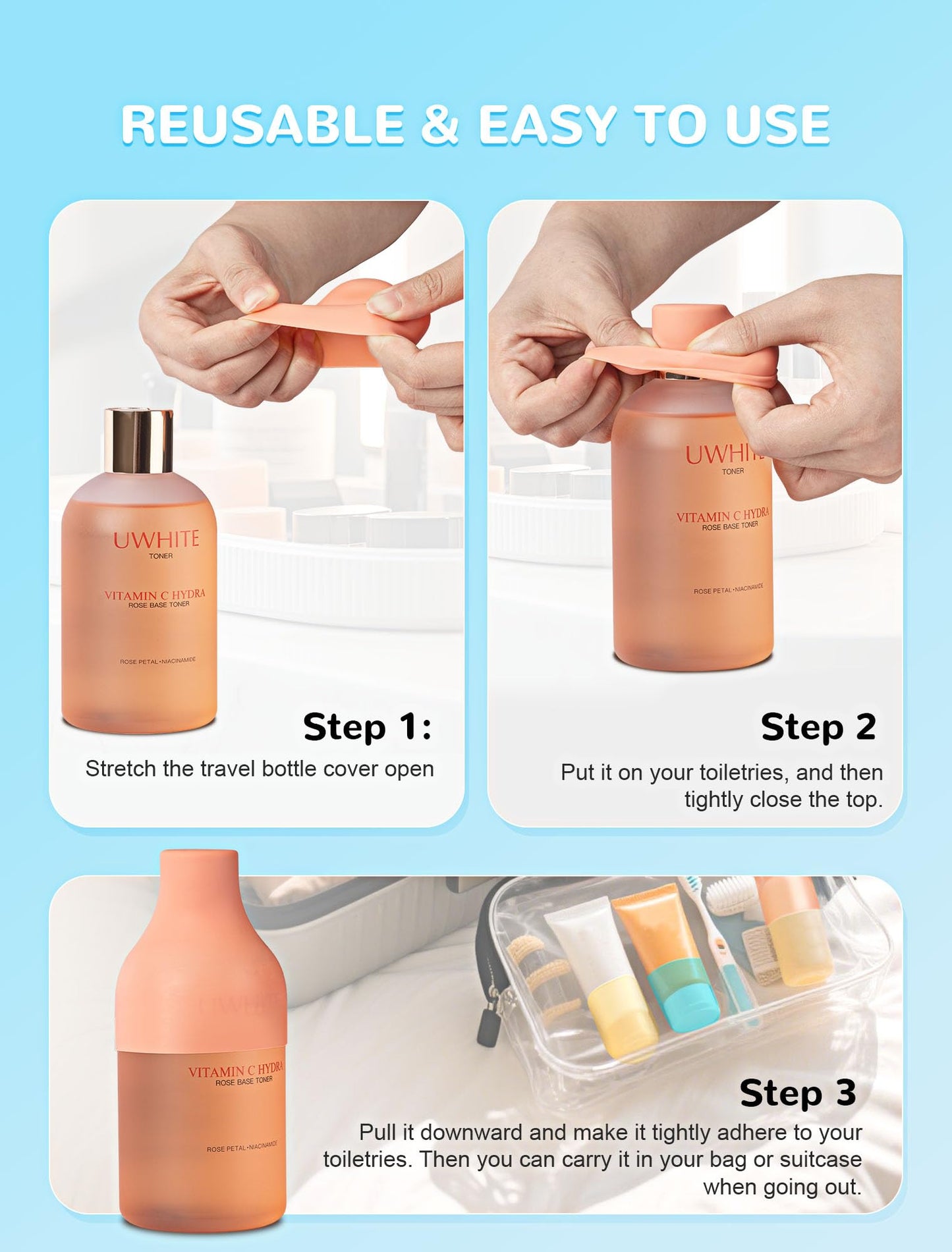 12 Pack Silicone Bottle Covers – Travel Essentials for Men & Women, Leak-Proof Elastic Sleeves for Beach, Cruise & Airplane Trips